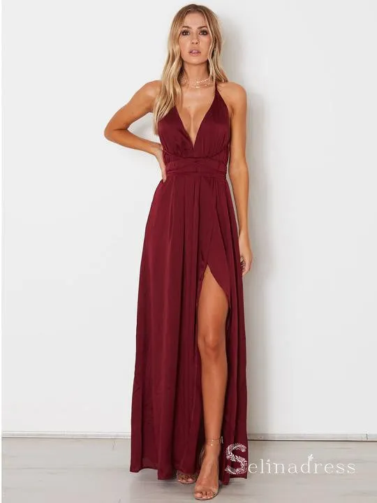 A-line Spaghetti Straps Simple Cheap Long Prom Dresses Burgundy Formal Gowns SE008