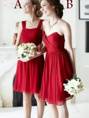 A-line Square /Sweetheart Knee Length Chiffon Red Bridesmaid Dresses HX0013