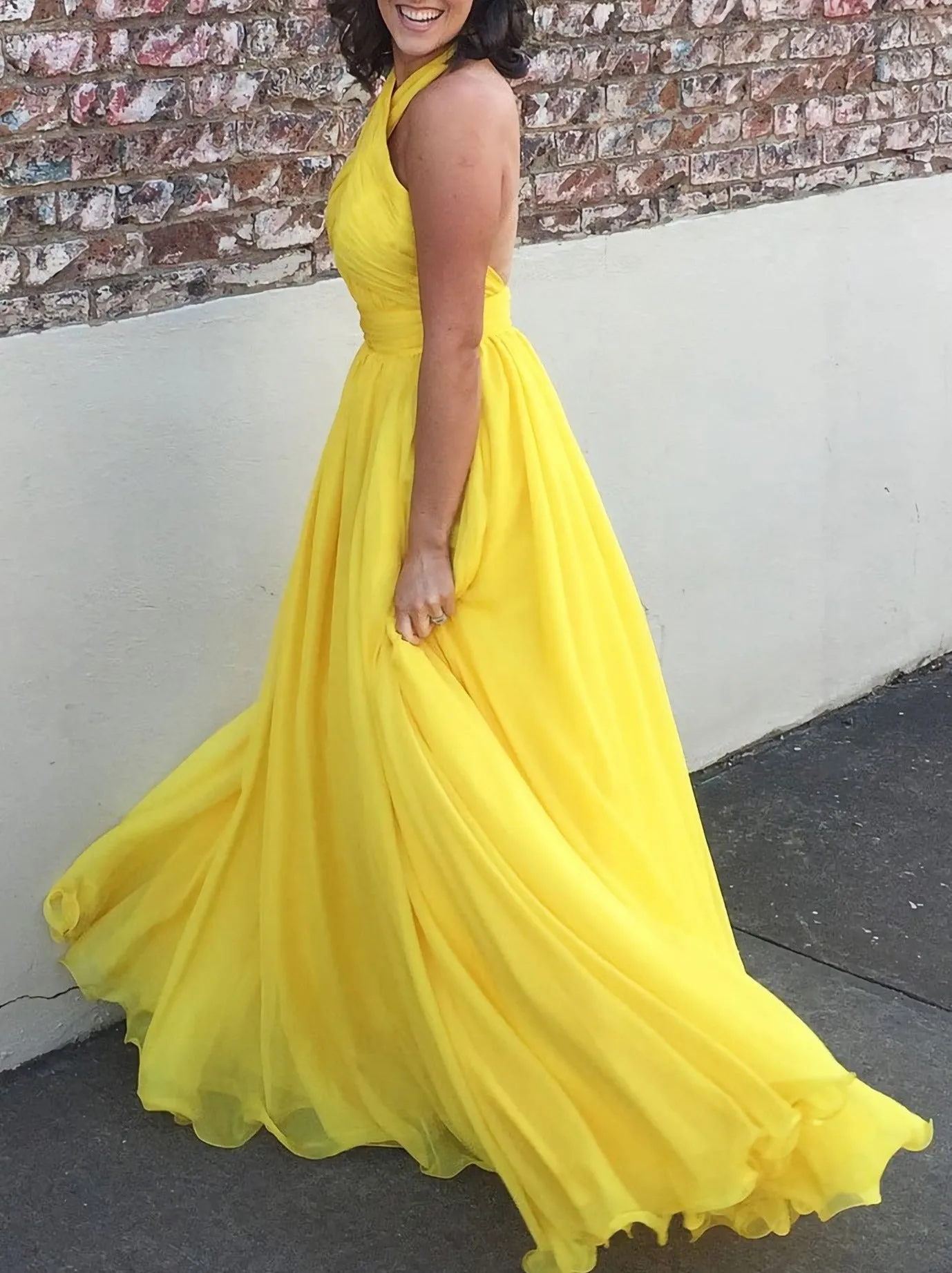 A Line Yellow Halter Long Simple Prom Dresses