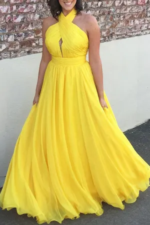 A Line Yellow Halter Long Simple Prom Dresses