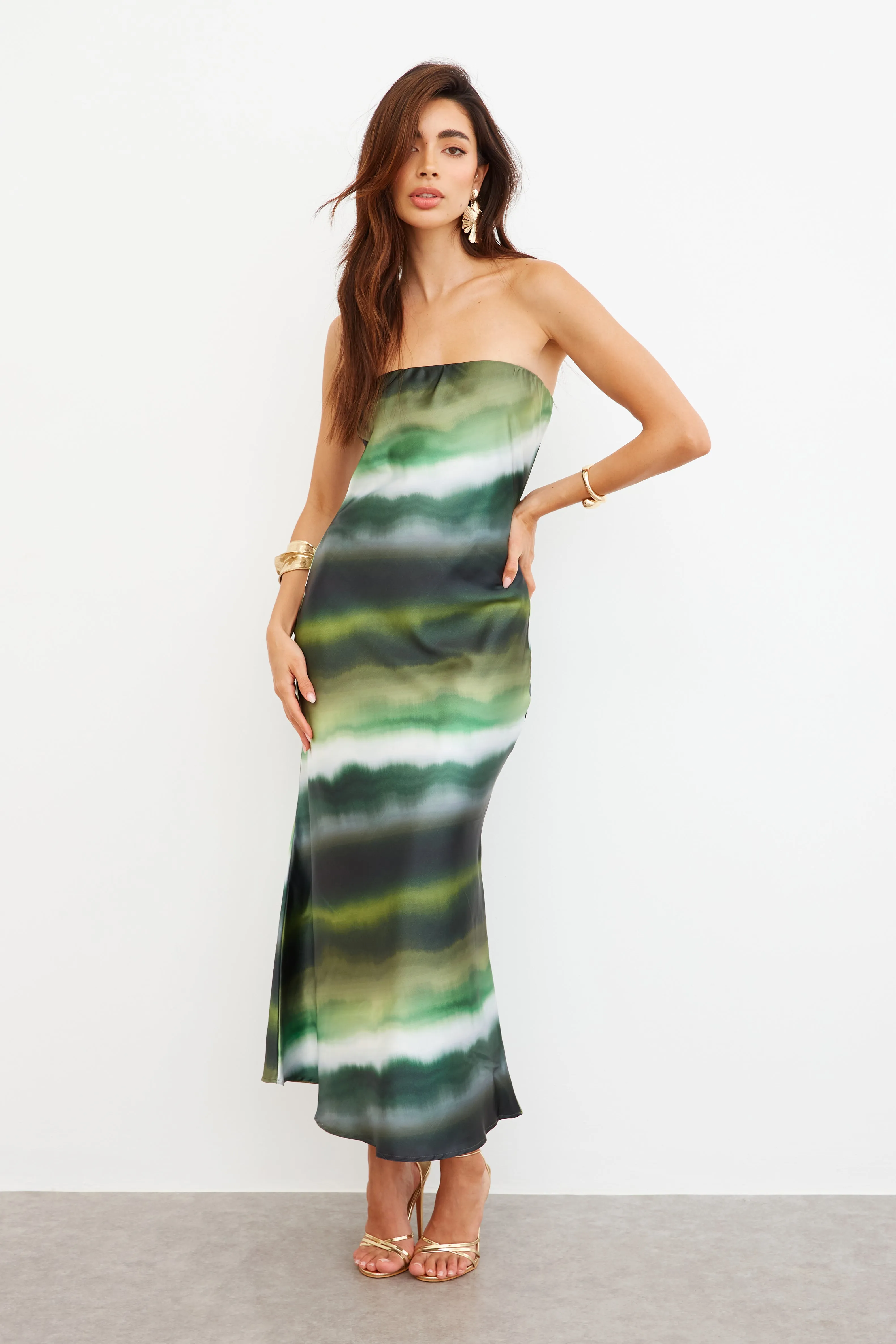 ABSTRACT SATIN BIAS CUT MAXI DRESS