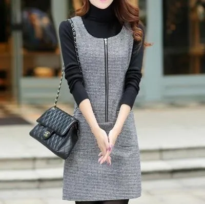 AKSLXDMMD 2017 Autumn Winter Woolen Women's Dress Plus Size Vest Dresses Slim Basic Office Dress Female Vestidos LH523