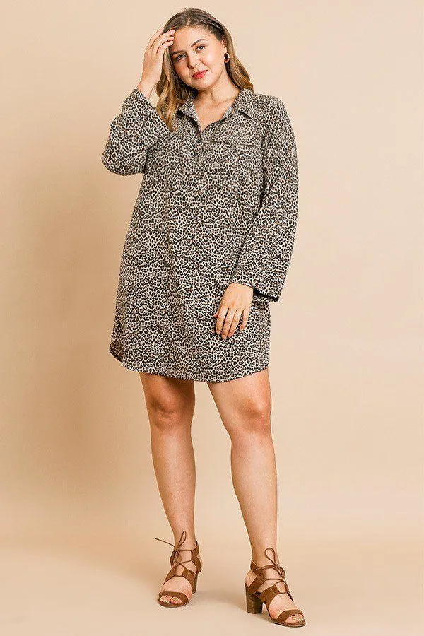 Animal Print Long Sleeve Collared Dress With Chest Pockets And Scoop Hem