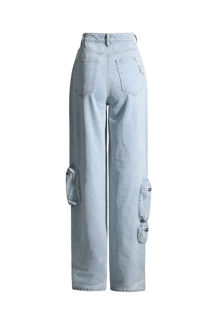 Asymmetric Cargo Pocket Distressed High Waist Straight Leg Faded Jeans