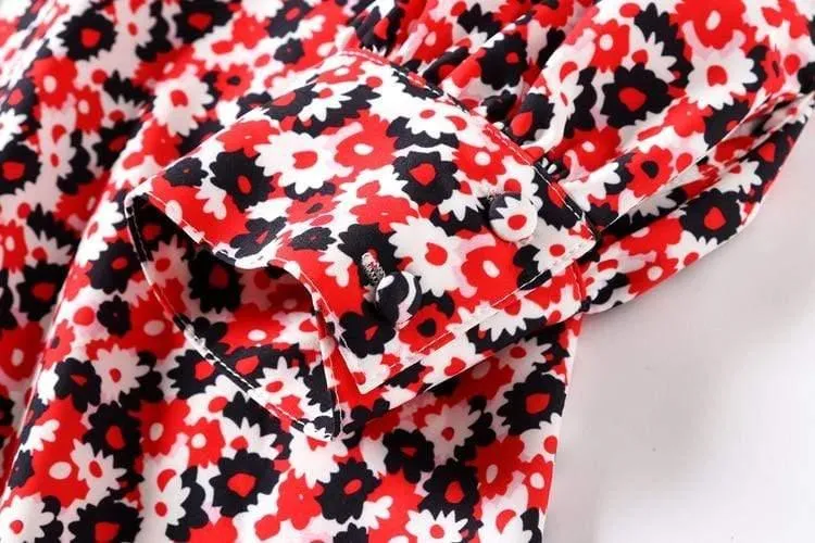 Autumn V-neck Vintage Floral Print Midi Dress