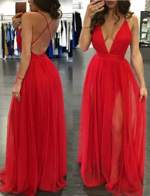 Backless Red Long Spaghetti Straps Deep V Neck Open Back Simple Prom Dresses