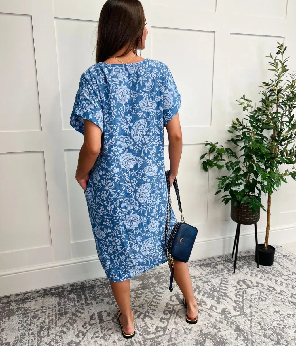 Blue Floral Linen Look Dress