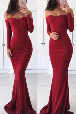 Burgundy Long Sleeve Mermaid Tight Off-the-shoulder Prom Dresses | Evening Dress, SP487