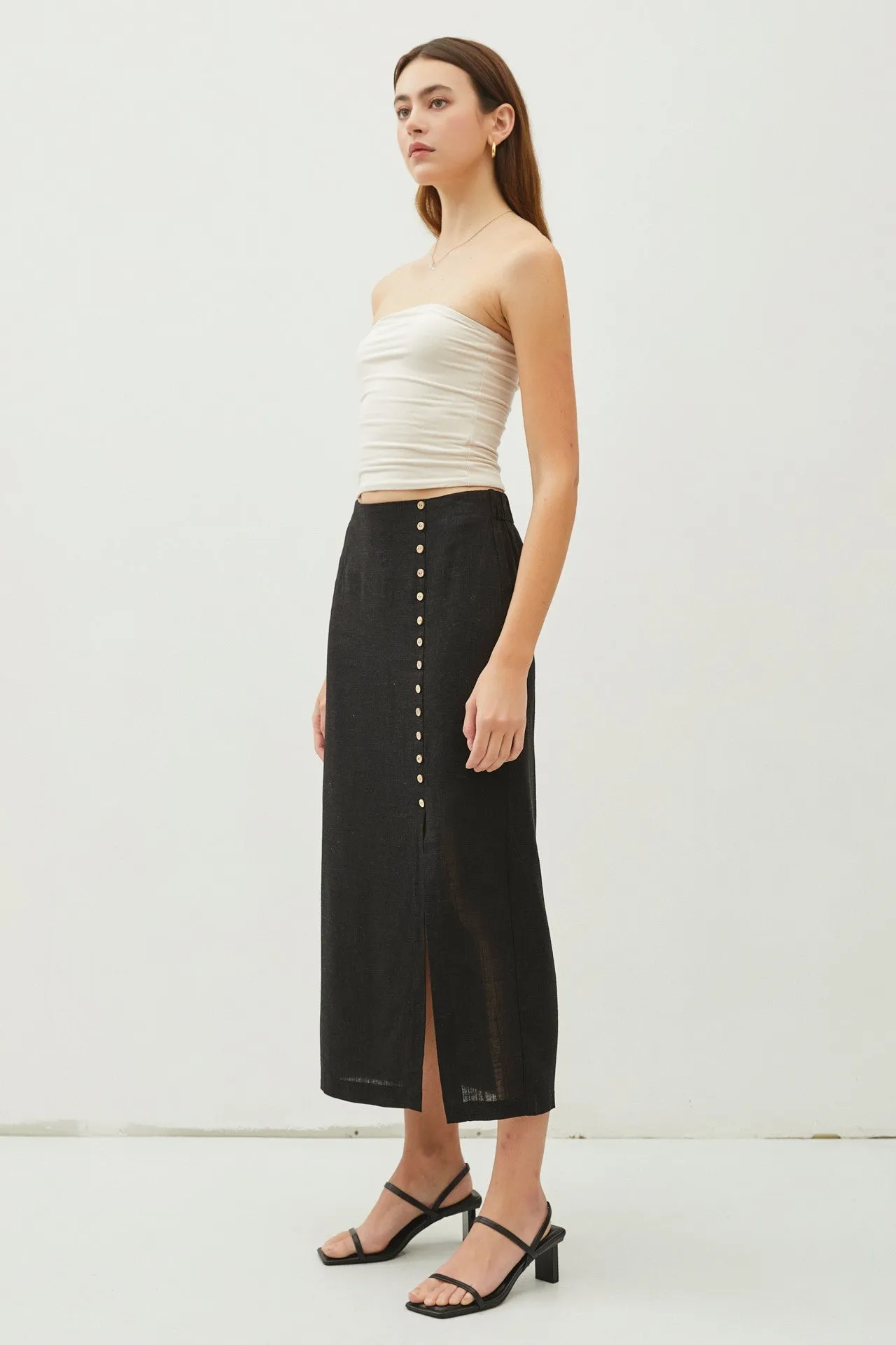 Button Trim Front Slit Midi Skirt