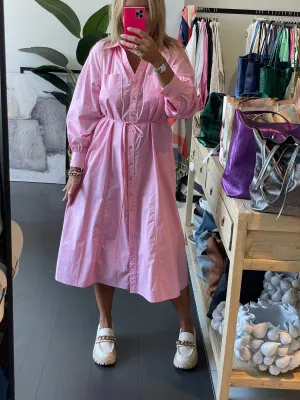 Candy Pink Cotton Midi Shirt Dress