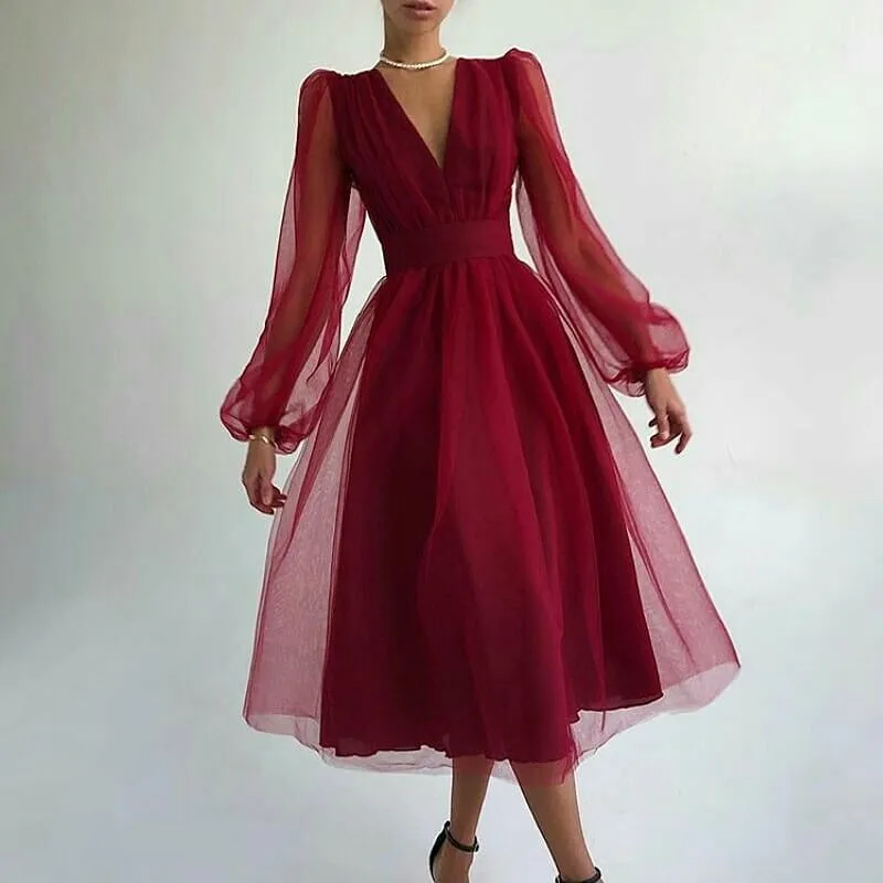 Charming Puffy Long Sleeve Burgundy Tea Length Long Prom Dress/Evening Gown T1641