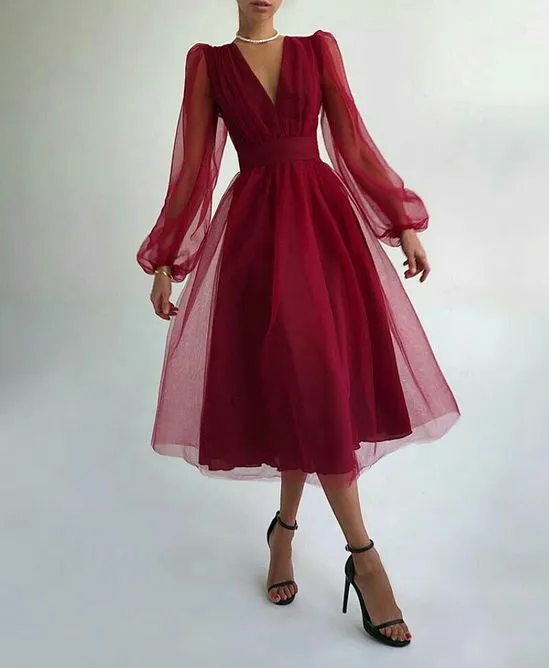 Charming Puffy Long Sleeve Burgundy Tea Length Long Prom Dress/Evening Gown T1641