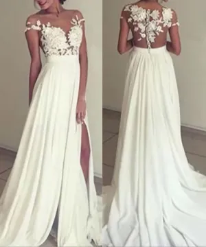 Chiffon Simple Long White Split Prom Dresses