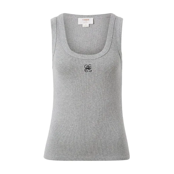 Contour Rib Scoop Tank - Grey Marle   Black Embroidery