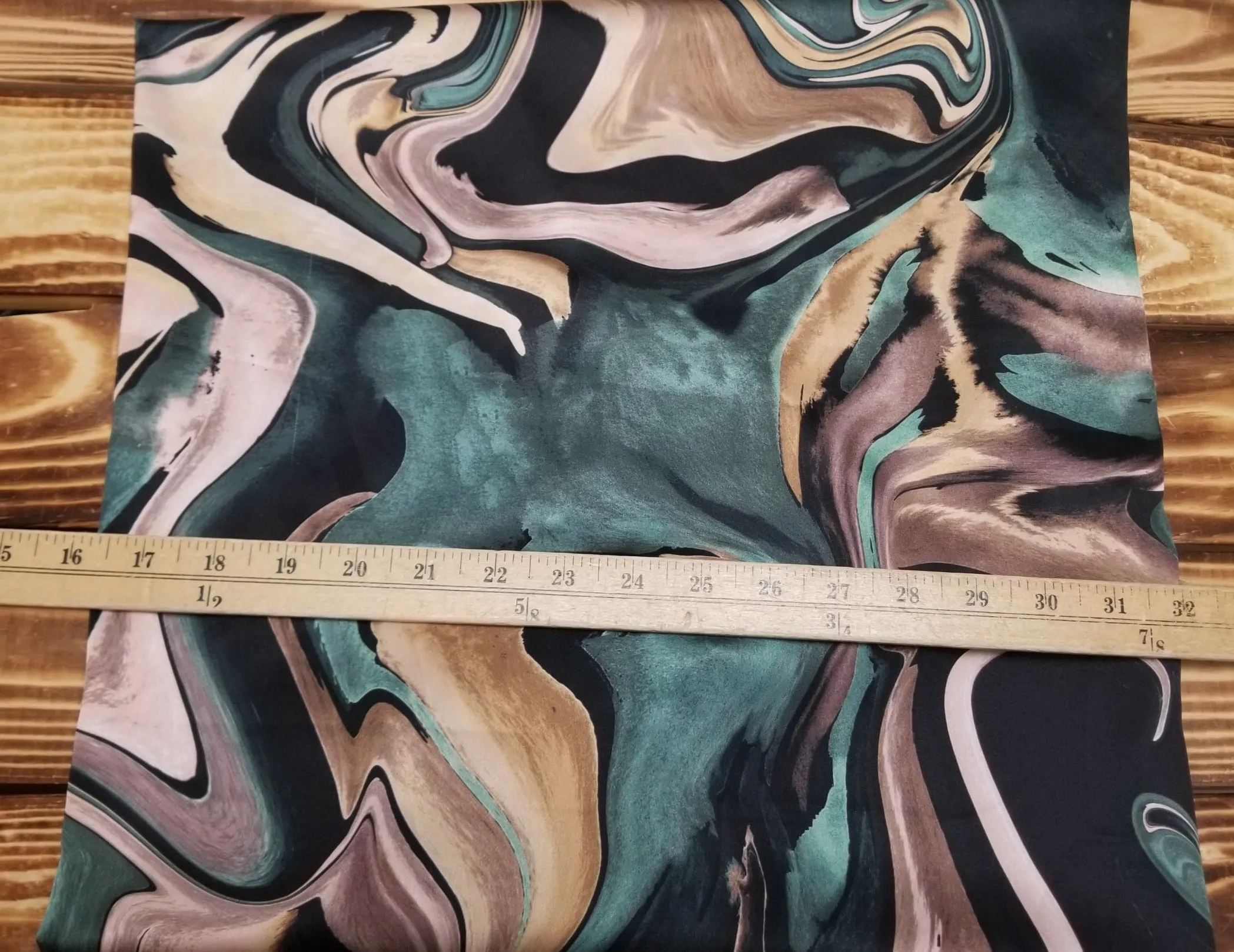 End of Bolt: 1/2 yard of Designer Deadstock Abstract Marble Magic Green and Gold Satin Charmeuse Luxe Blousewear Slight Stretch Woven- remnant