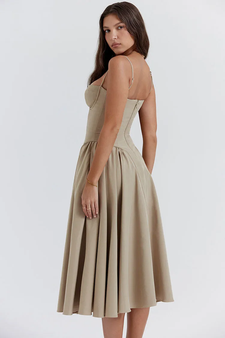 French Bustier Spaghetti Strap Drop Waist Fit & Flare Midi Sundress - Khaki