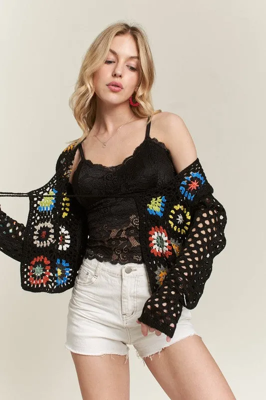 FRONT TIE CROCHET CARDIGAN - BLACK