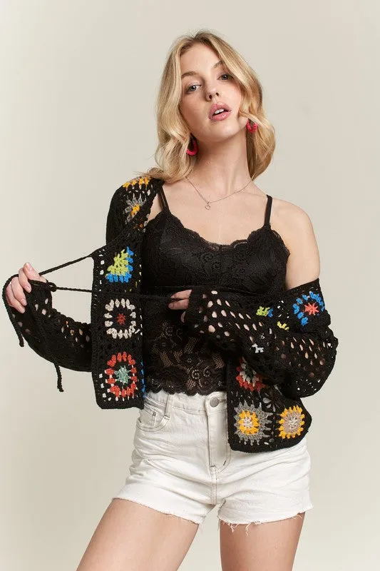 FRONT TIE CROCHET CARDIGAN - BLACK