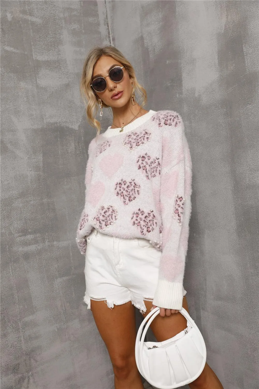 Heart Pattern Round Neck Long Sleeve Sweater