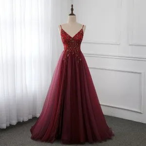 HIGH QUALITY BURGUNDY STRAPS BEADED LONG PARTY DRESS, LONG JUNIOR PROM DRESS KS3488