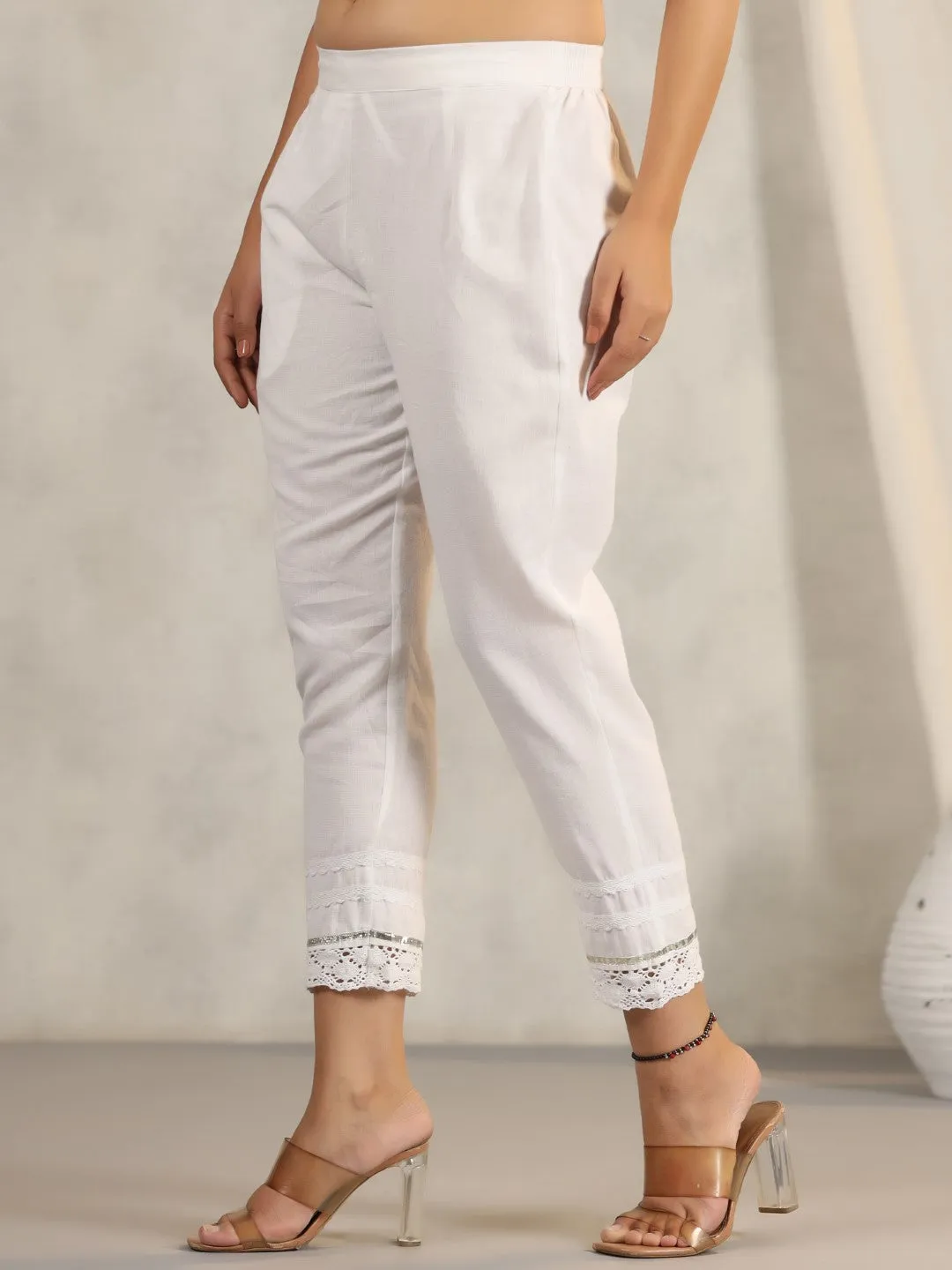 Jashvi Off White Soild Cotton Flex Pants With Lace Work