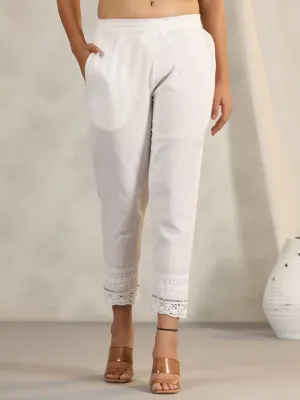 Jashvi Off White Soild Cotton Flex Pants With Lace Work