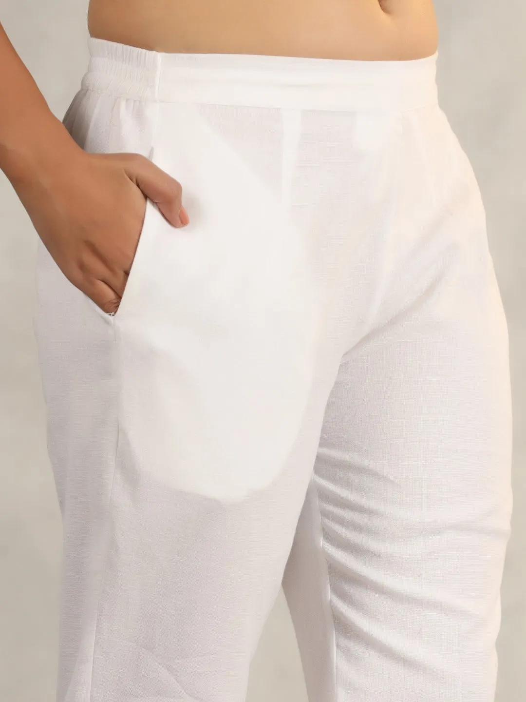 Jashvi Off White Soild Cotton Flex Pants With Lace Work