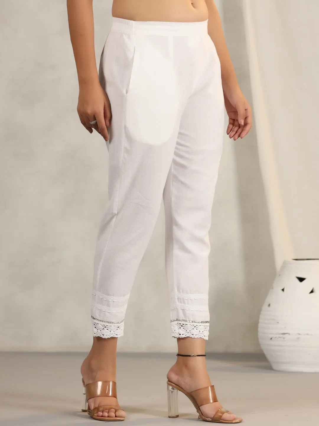 Jashvi Off White Soild Cotton Flex Pants With Lace Work