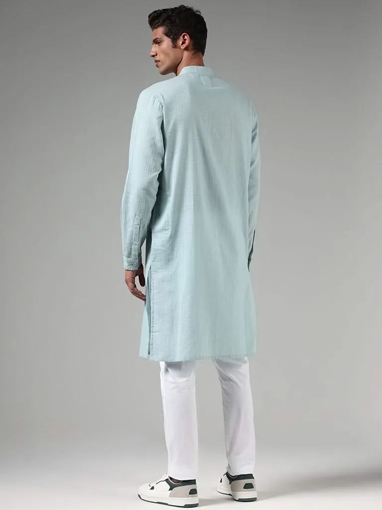 Kala by ETA Light Turquoise Self Patterned Blended Linen Kurta