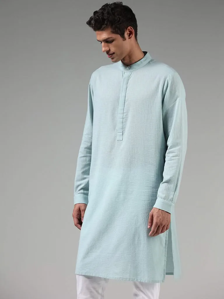 Kala by ETA Light Turquoise Self Patterned Blended Linen Kurta