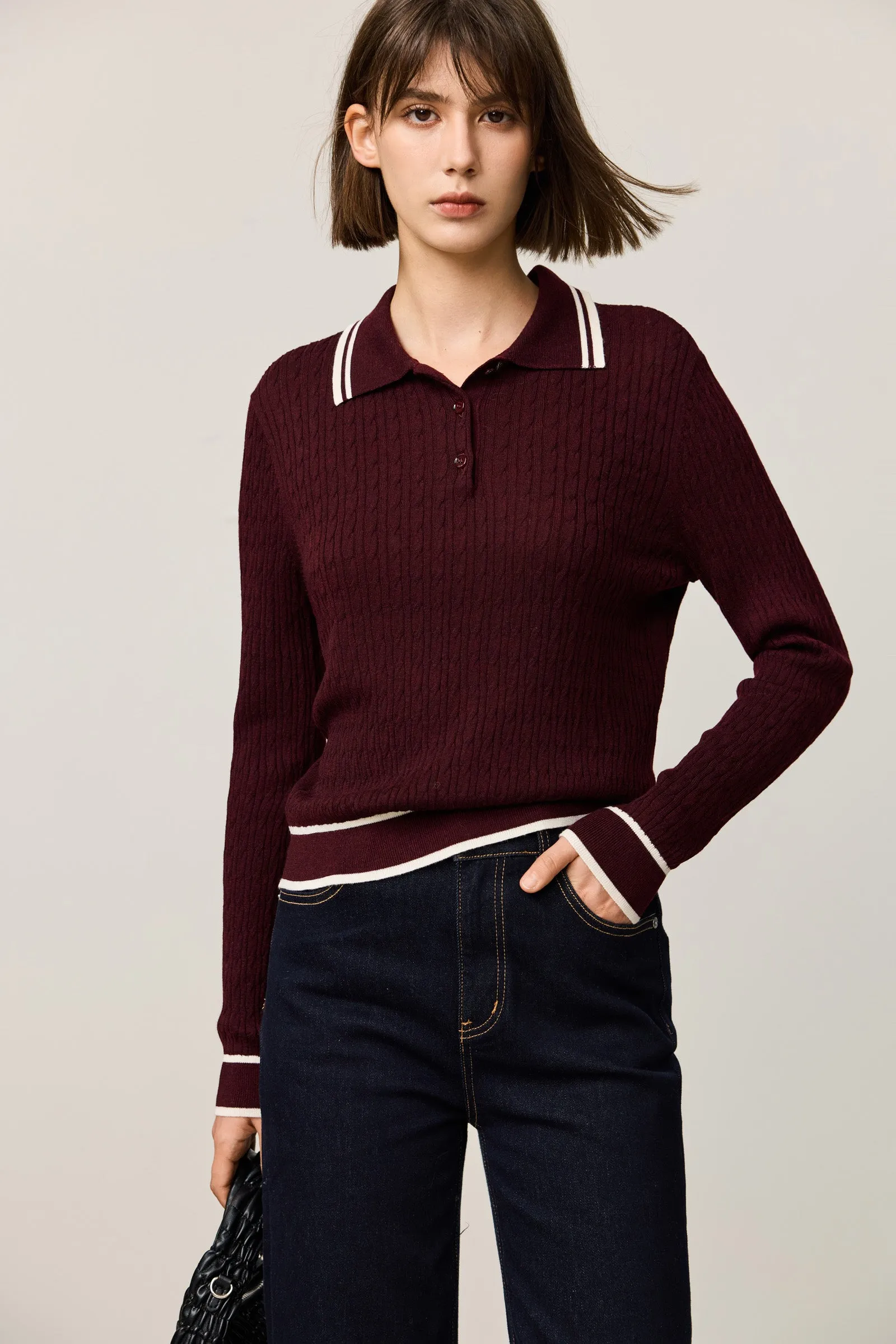 LILY Vintage Polo Collar Slim-Fit Short-Sleeve Sweater