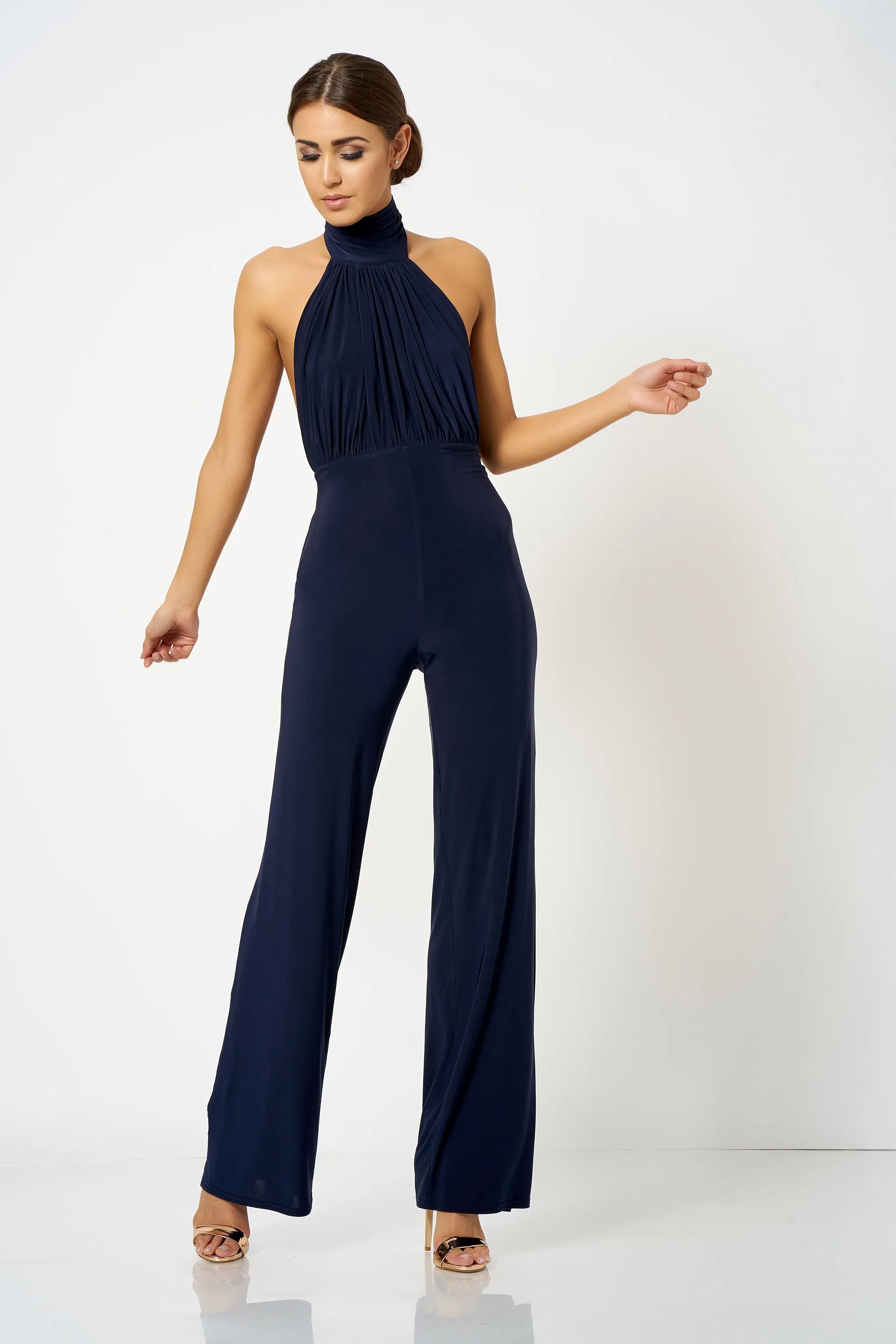 Navy Backless Halter Neck Jumpsuit