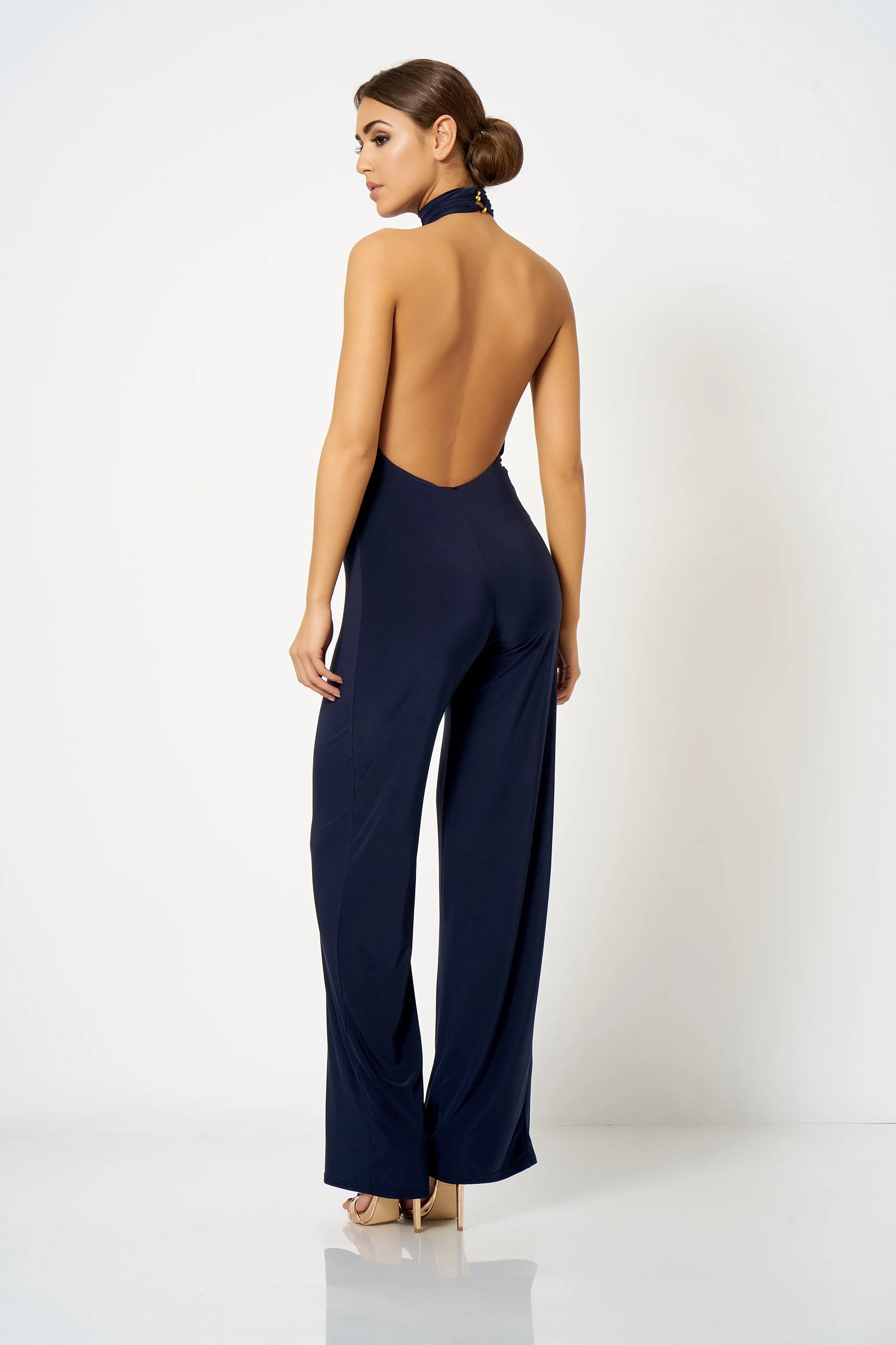 Navy Backless Halter Neck Jumpsuit