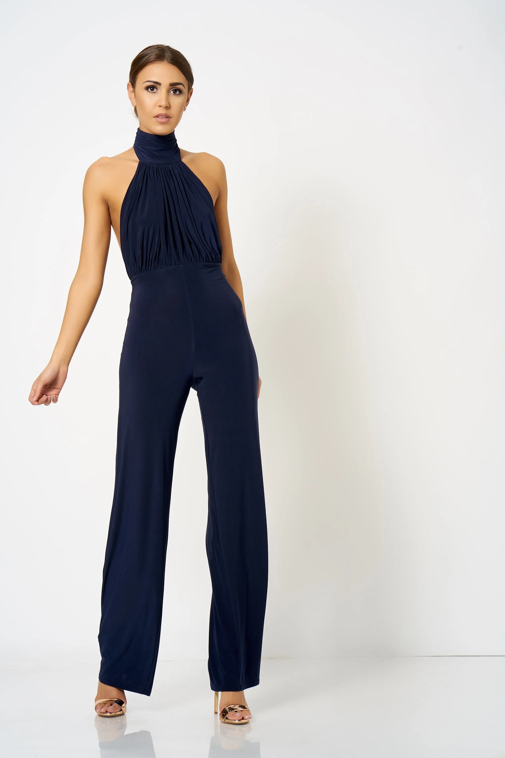 Navy Backless Halter Neck Jumpsuit