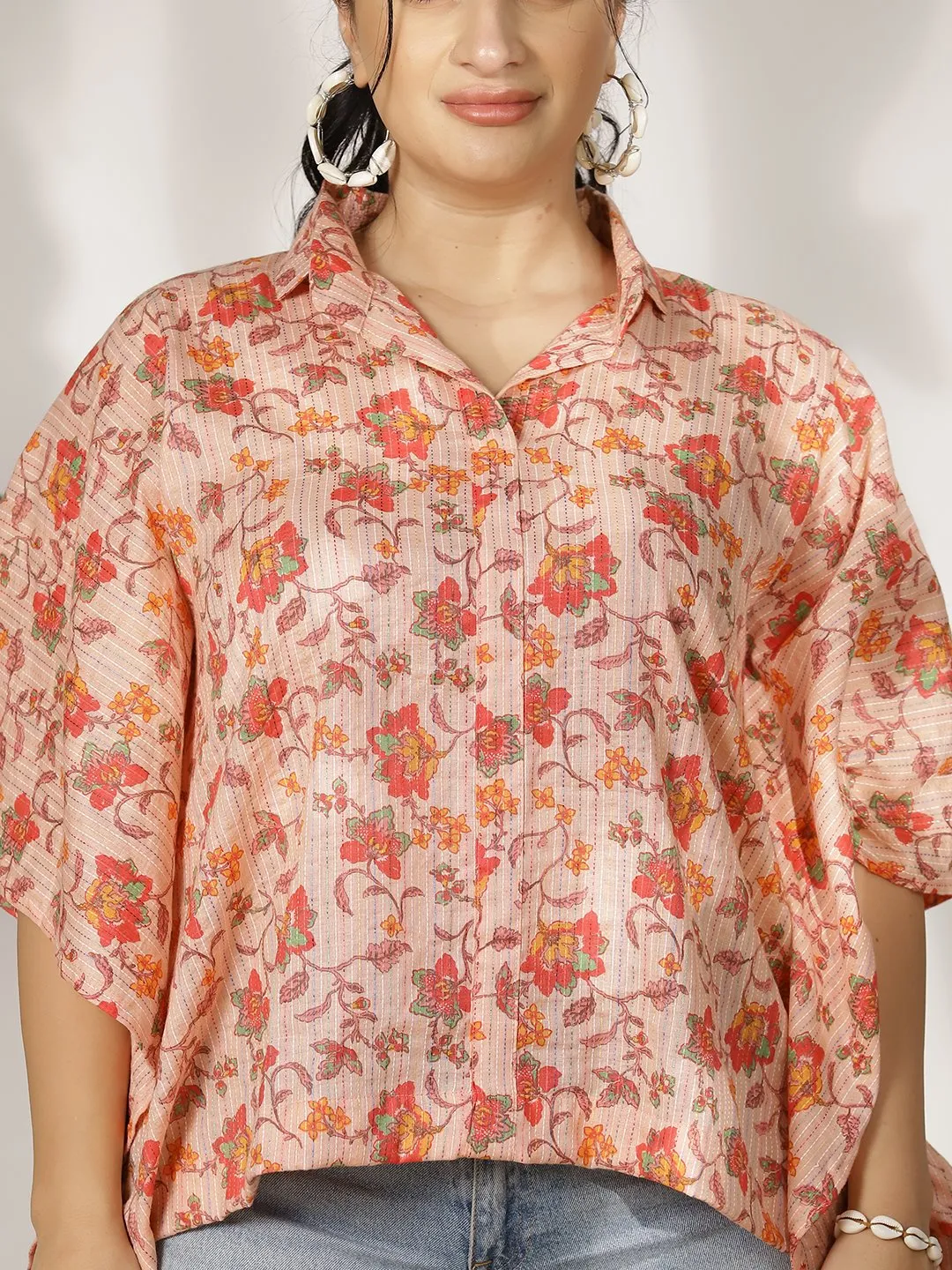 PeachFloral Cotton Kaftan Top