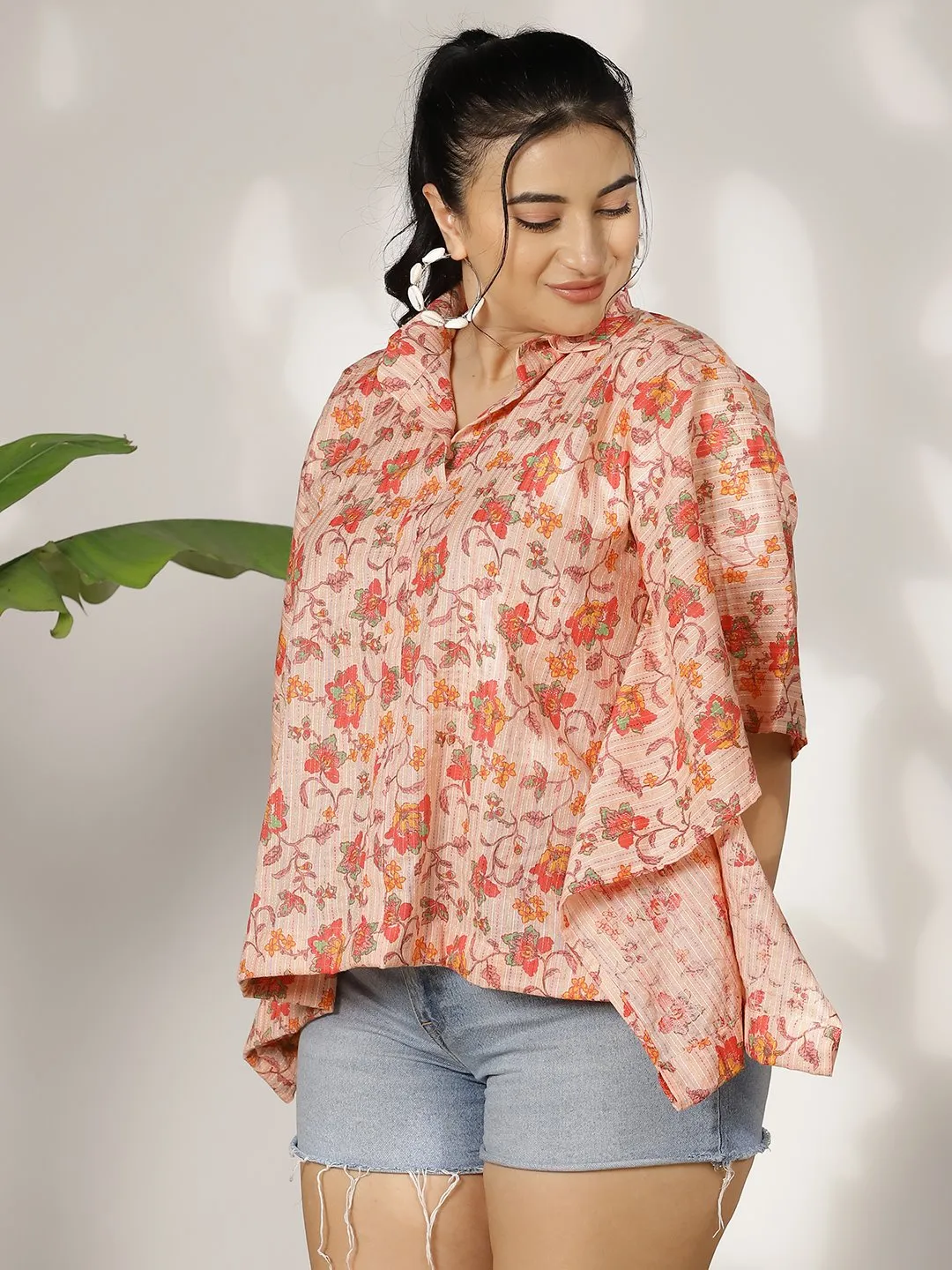 PeachFloral Cotton Kaftan Top