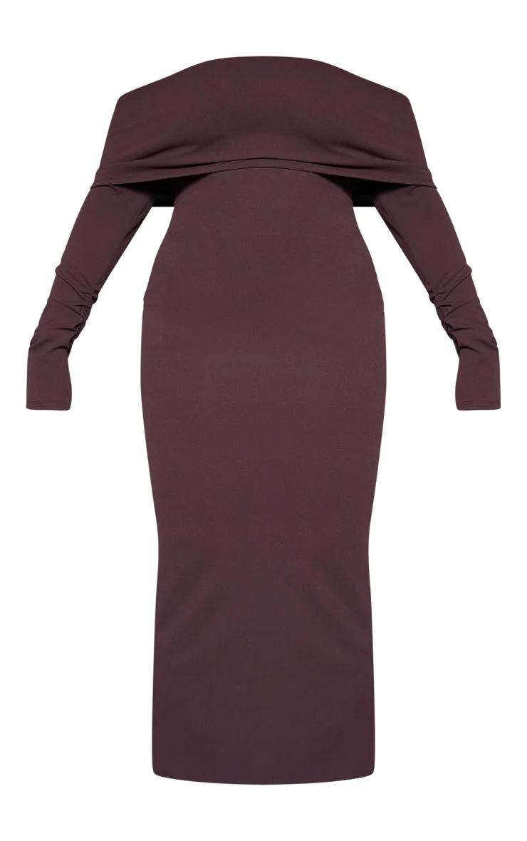 Plus Size Khaki Crepe Long Sleeve Bardot Maxi Dress