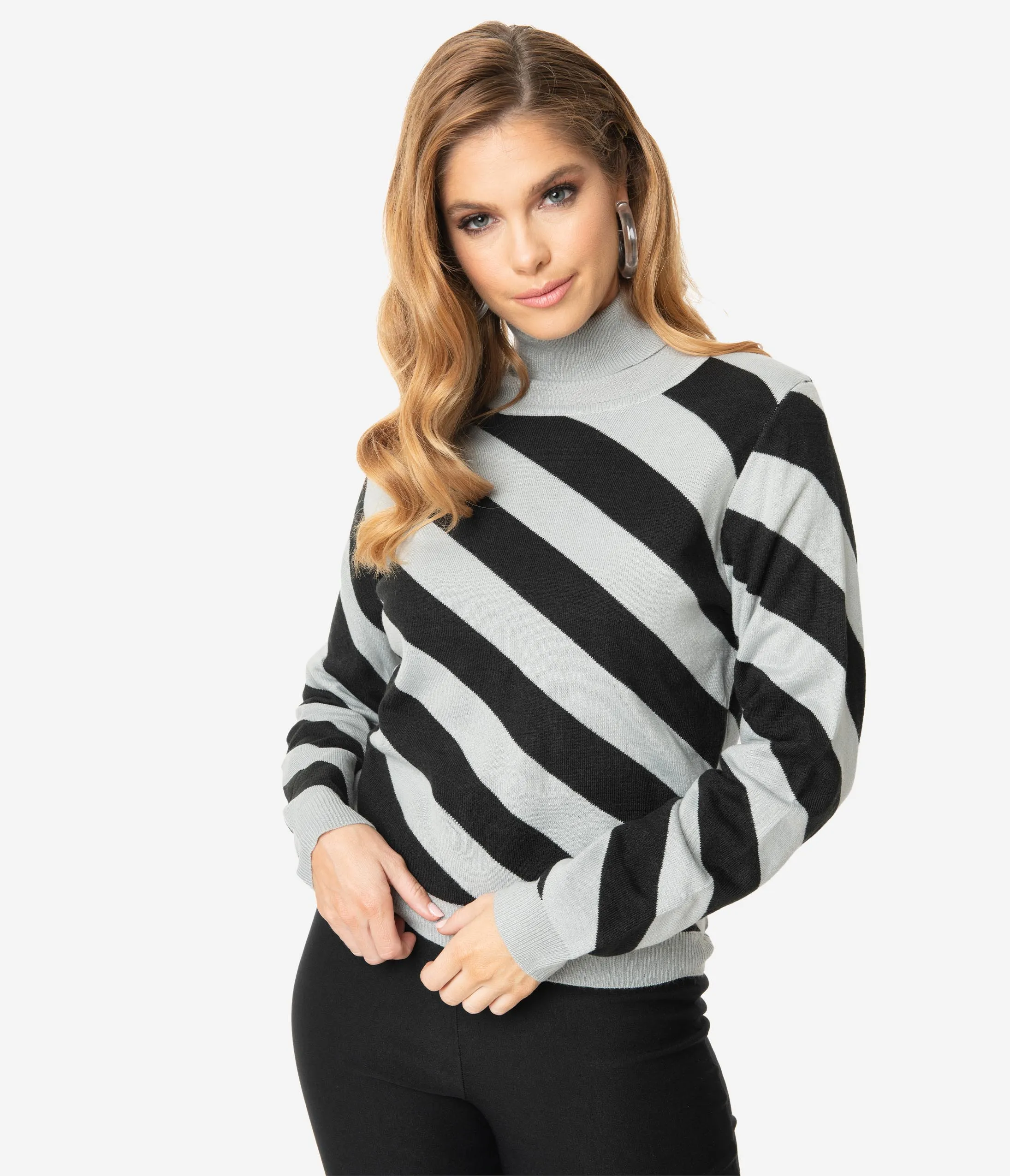 Retro Style Black & Silver Grey Asymmetrical Stripes Turtleneck Knit Sweater