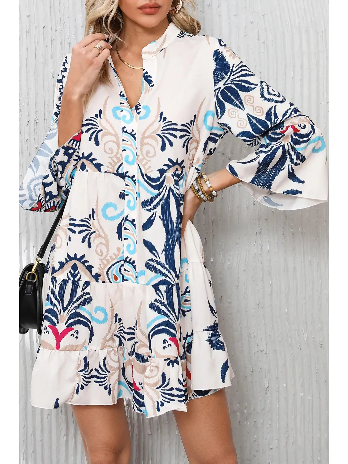 Scrolling Print Flare Sleeve Mini Dress