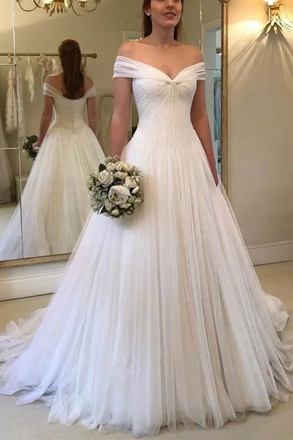 Simple A Line Off The Shoulder Tulle Wedding Dress