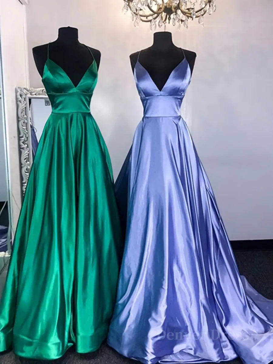 Simple A Line V Neck Emerald Green Blue Long Prom Dresses Simple Satin Long Formal Evening Dresses