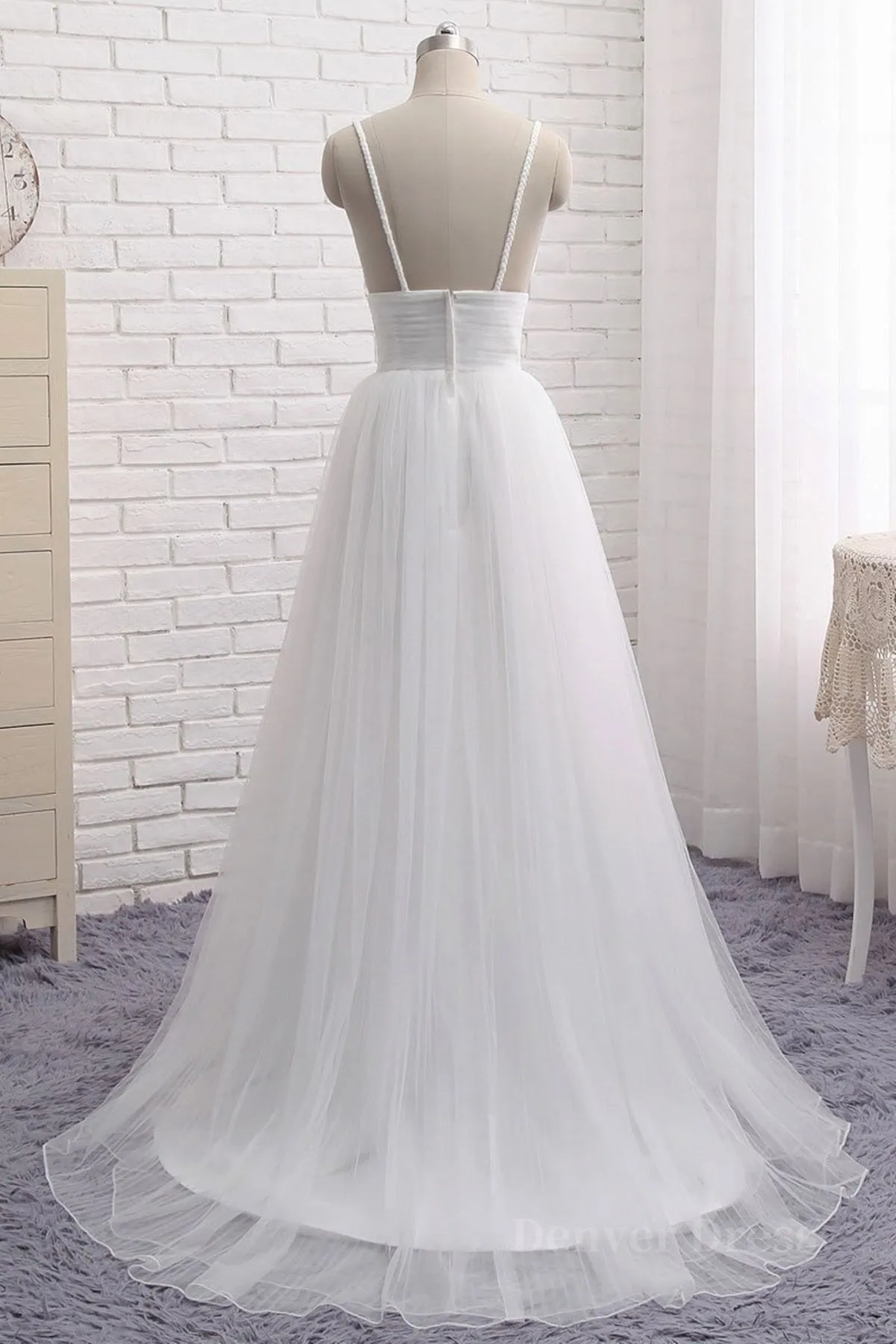 Simple A Line V Neck White Wedding Dresses V Neck White Tulle Prom Formal Dresses