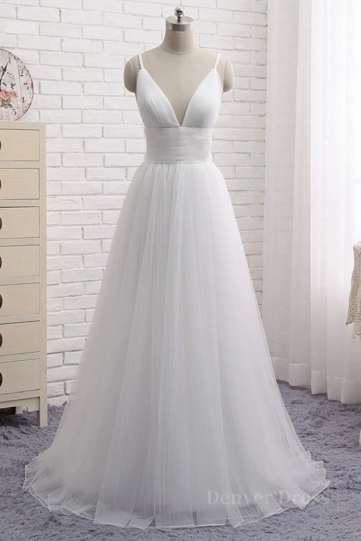 Simple A Line V Neck White Wedding Dresses V Neck White Tulle Prom Formal Dresses