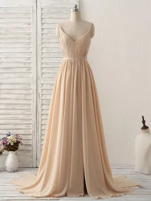 Simple Champagne Long Prom Dresses V Neck Chiffon Bridesmaid Dress