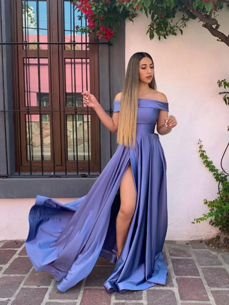 Simple off shoulder long prom dresses, side slit evening dresses