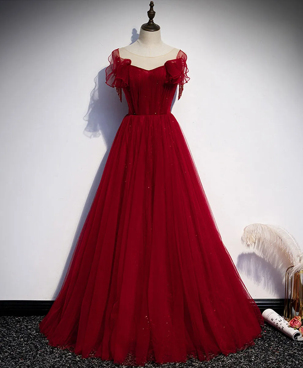 Simple Round Neck Tulle Burgundy Long Prom Dress Burgundy Formal Dresses