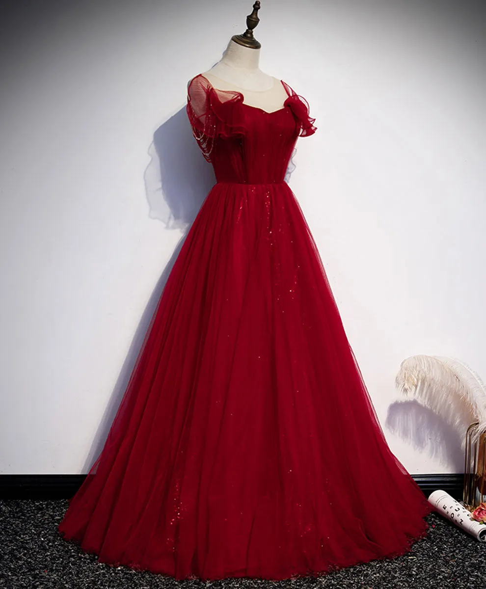 Simple Round Neck Tulle Burgundy Long Prom Dress Burgundy Formal Dresses