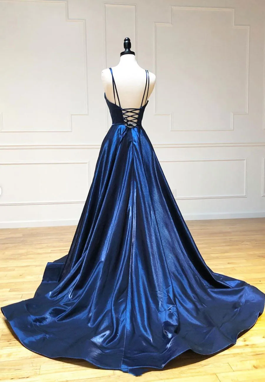 Simple Satin Long Prom Dresses A Line Blue Evening Dresses