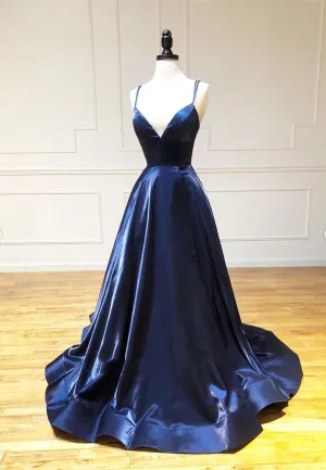 Simple Satin Long Prom Dresses A Line Blue Evening Dresses