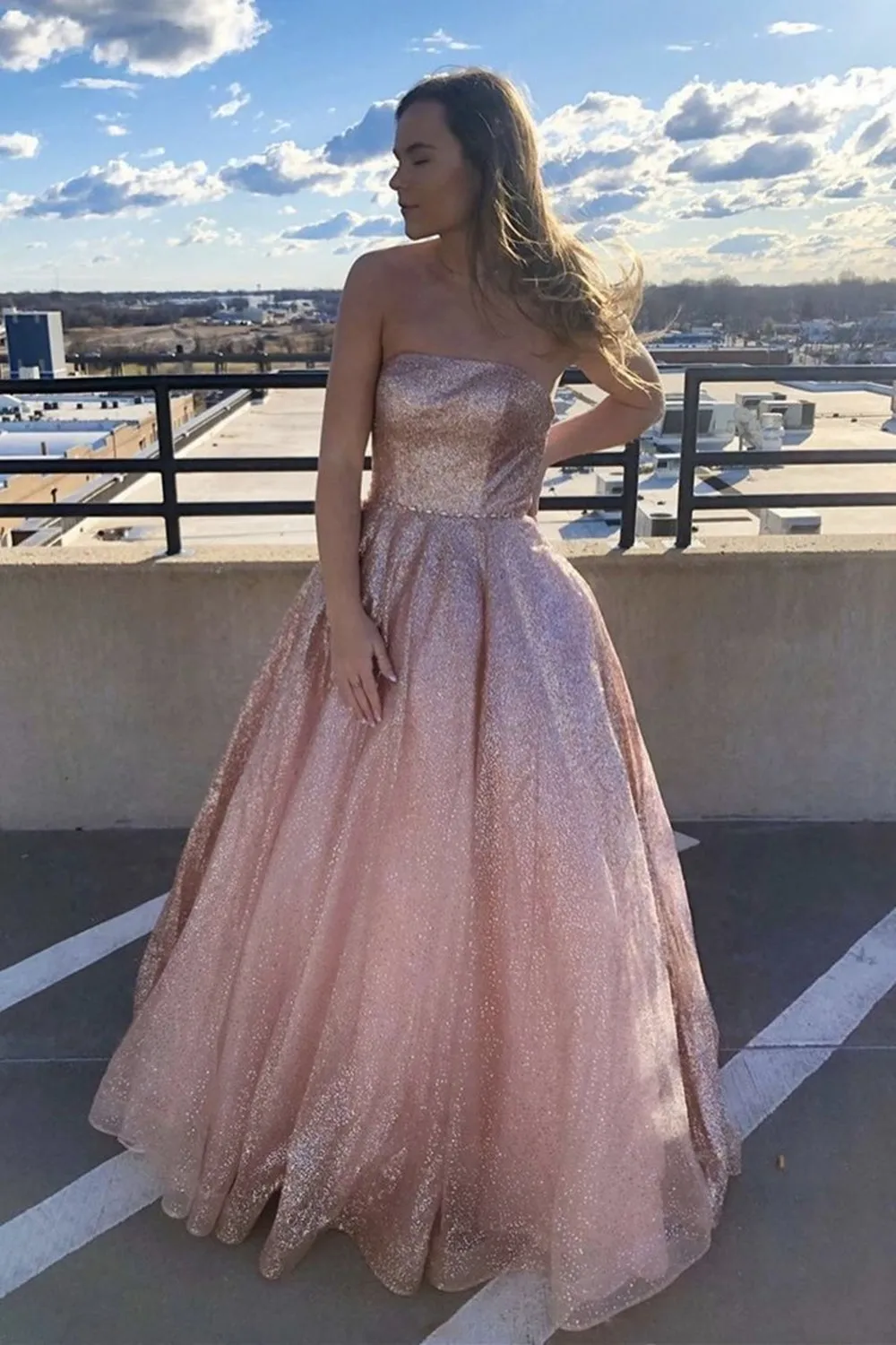 Simple Strapless Pink Long Prom Dresses, Shiny Pink Formal Graduation Evening Dresses